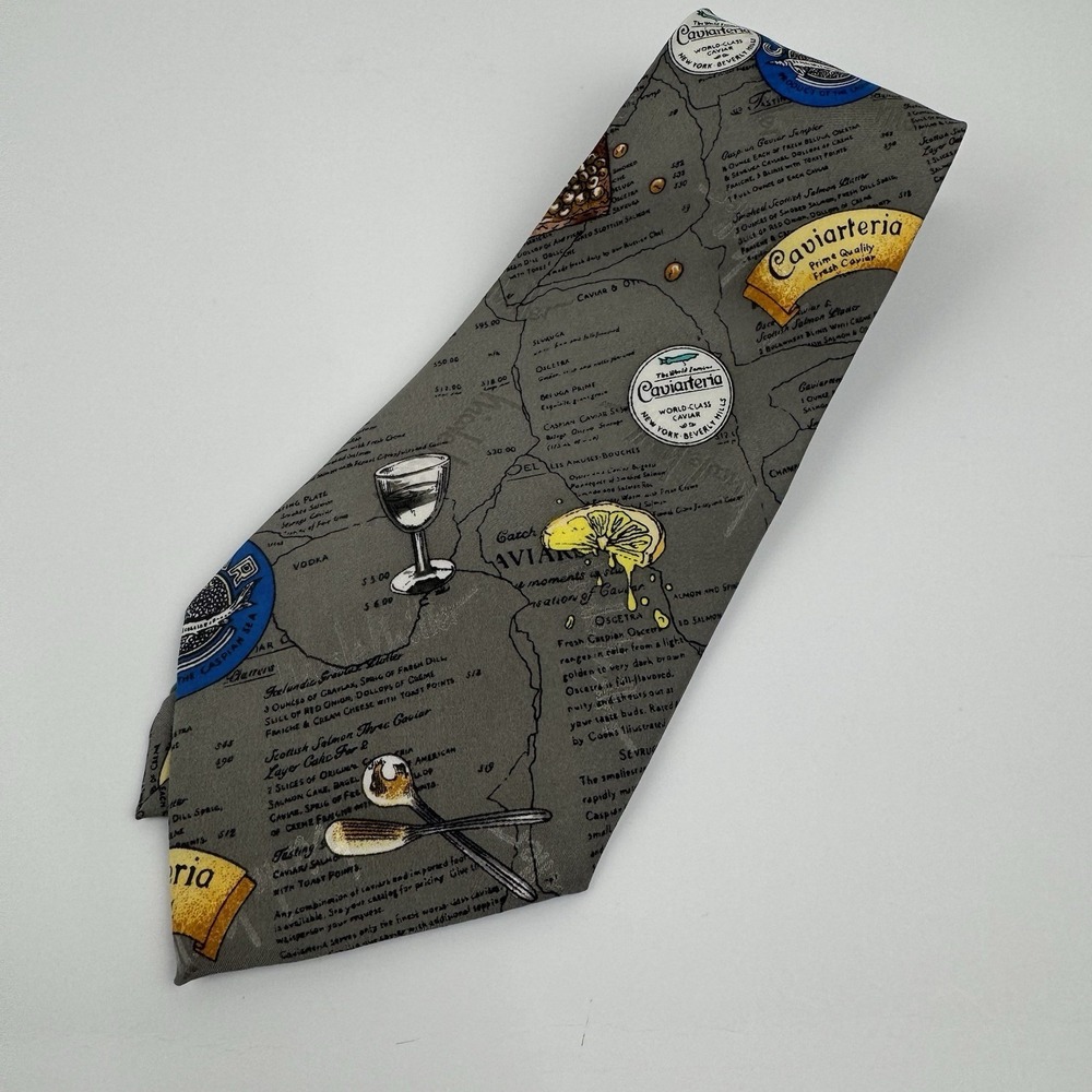 VTG Nicole Miller Caviar Cocktail Novelty Silk Tie 1995 Gray